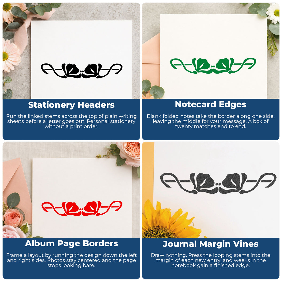 Double Flower Border Rubber Stamp project ideas: Stationery Headers, Notecard Edges, Album Page Borders and Journal Margin Vines.