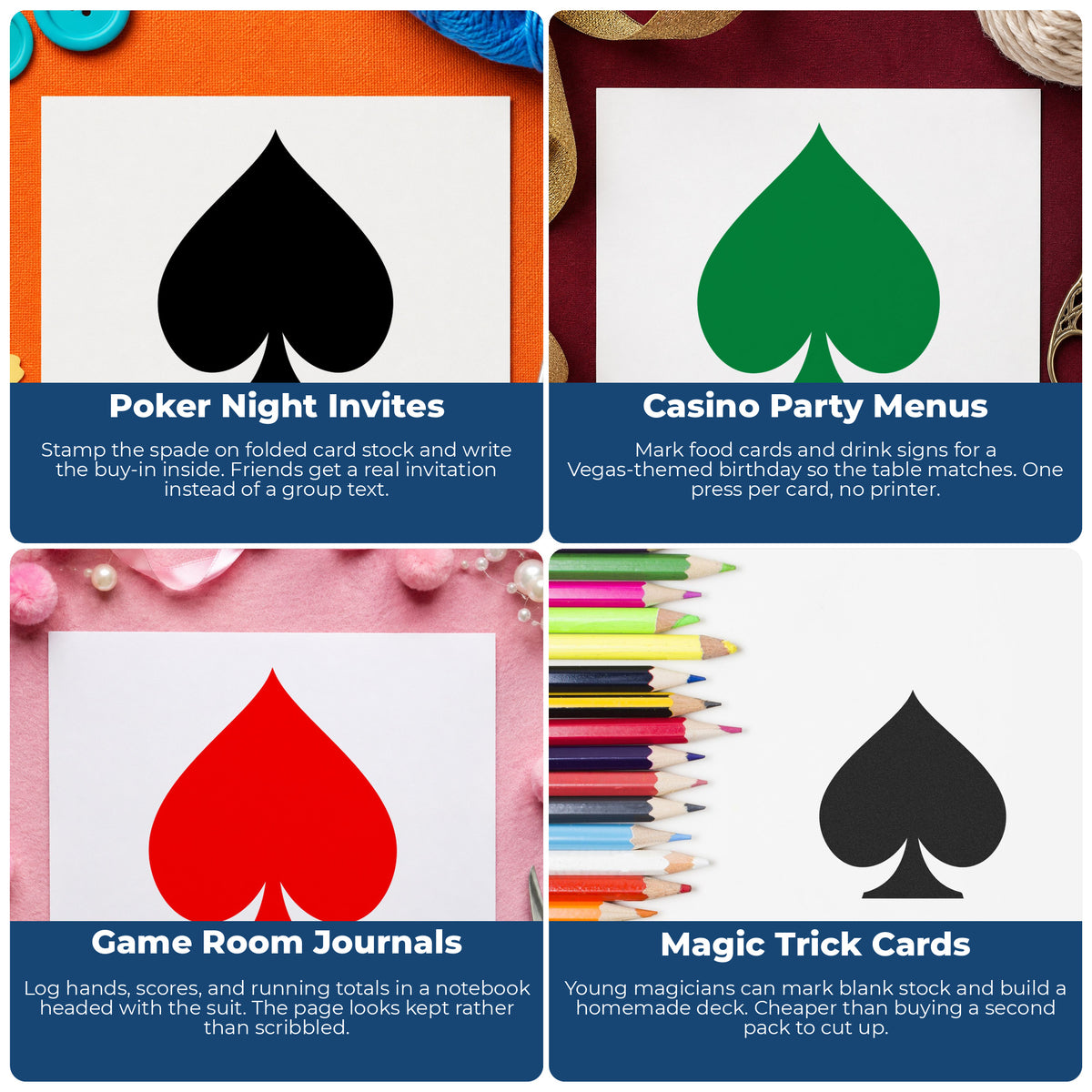 Playing Card Spade Rubber Stamp project ideas: Poker Night Invites, Casino Party Menus, Game Room Journals and Magic Trick Cards.