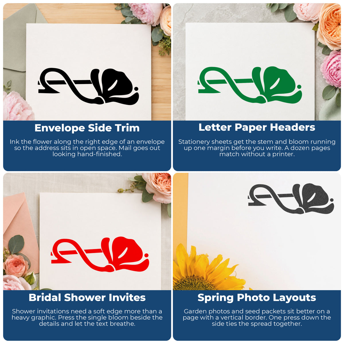 Right Single Flower Border Rubber Stamp project ideas: Envelope Side Trim, Letter Paper Headers, Bridal Shower Invites and Spring Photo Layouts.