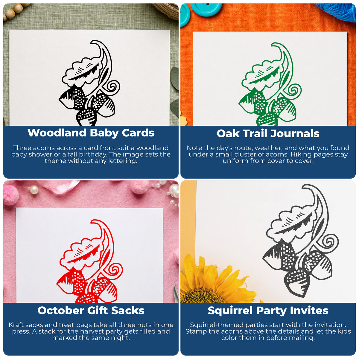 Three Acorns Rubber Stamp project ideas: Woodland Baby Cards, Oak Trail Journals, October Gift Sacks and Squirrel Party Invites.