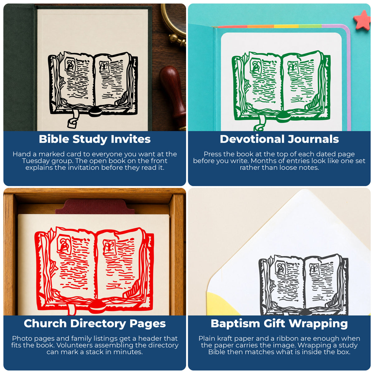 Open Bible Rubber Stamp project ideas: Bible Study Invites, Devotional Journals, Church Directory Pages and Baptism Gift Wrapping.