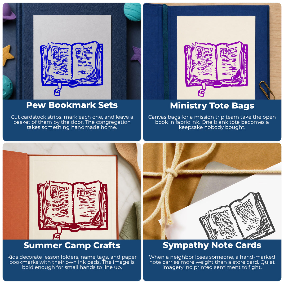 Open Bible Rubber Stamp project ideas: Pew Bookmark Sets, Ministry Tote Bags, Summer Camp Crafts and Sympathy Note Cards.