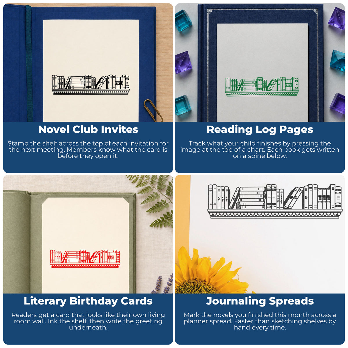 Bookshelf Border Rubber Stamp Large project ideas: Novel Club Invites, Reading Log Pages, Literary Birthday Cards and Journaling Spreads.