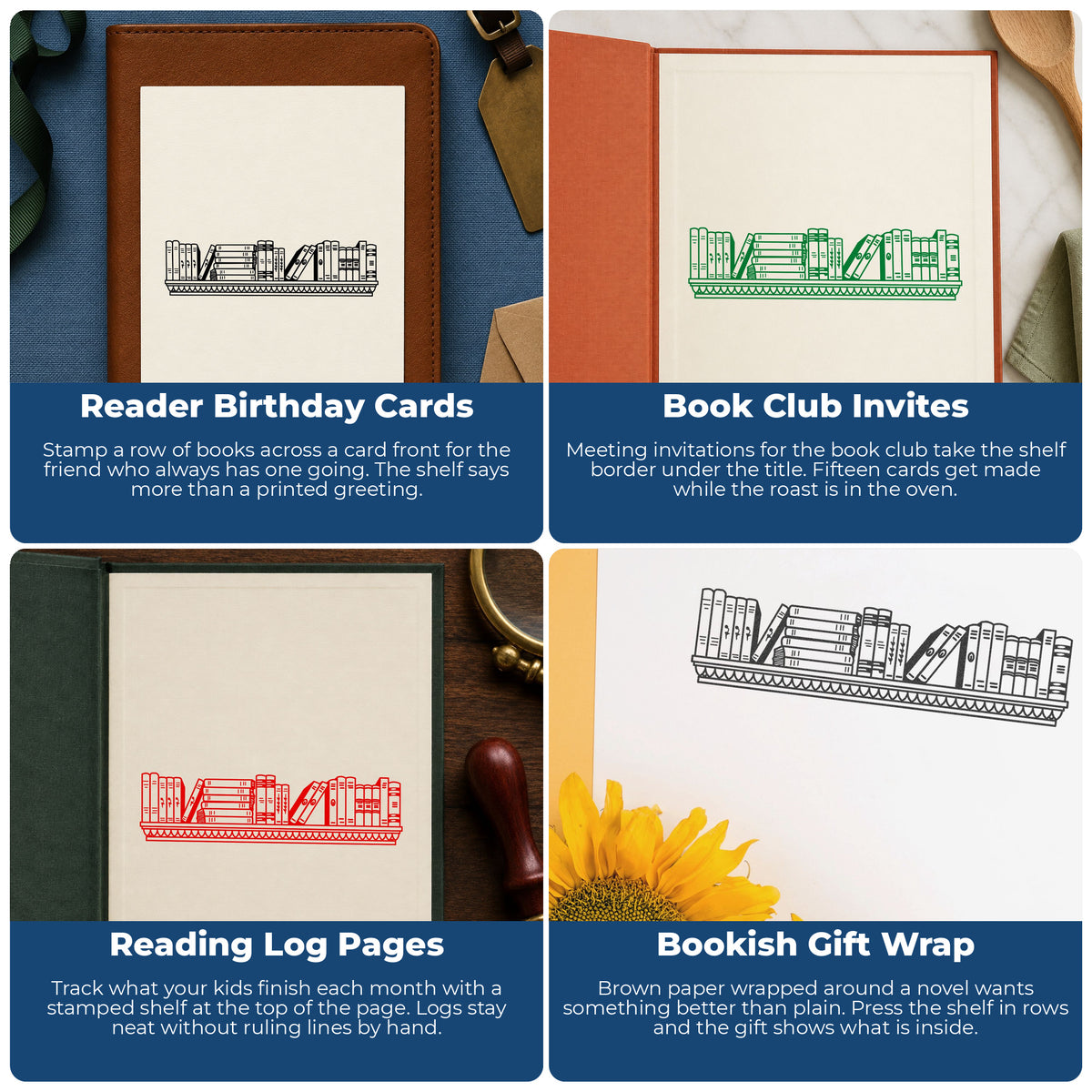 Bookshelf Border Rubber Stamp Small project ideas: Reader Birthday Cards, Book Club Invites, Reading Log Pages and Bookish Gift Wrap.