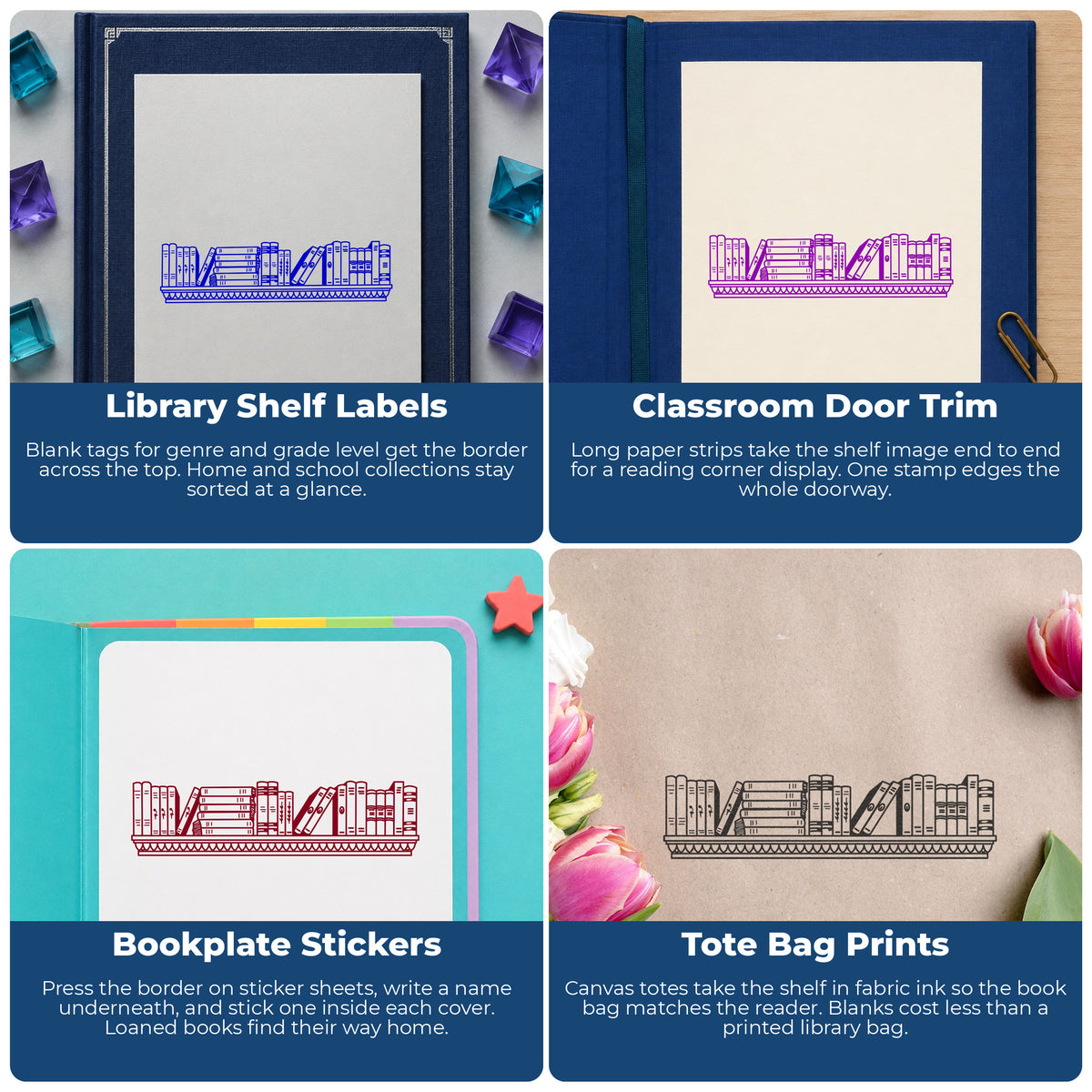 Bookshelf Border Rubber Stamp Small project ideas: Library Shelf Labels, Classroom Door Trim, Bookplate Stickers and Tote Bag Prints.