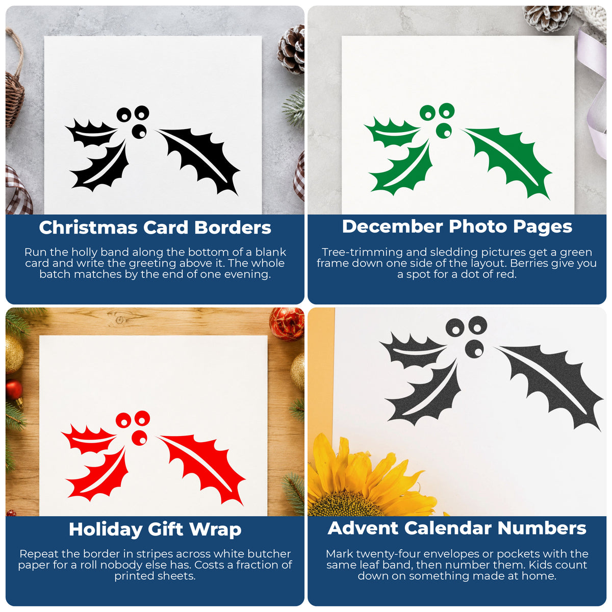 Holly Leaf Border Rubber Stamp Large project ideas: Christmas Card Borders, December Photo Pages, Holiday Gift Wrap and Advent Calendar Numbers.