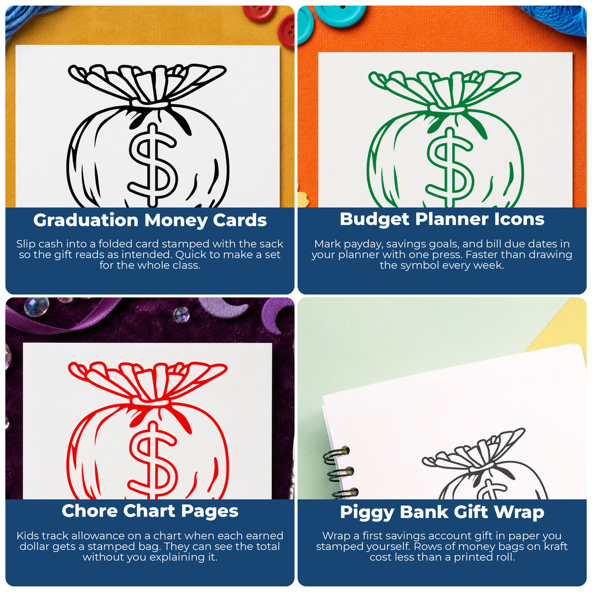 Dollar Sign Money Bag Rubber Stamp project ideas: Graduation Money Cards, Budget Planner Icons, Chore Chart Pages and Piggy Bank Gift Wrap.