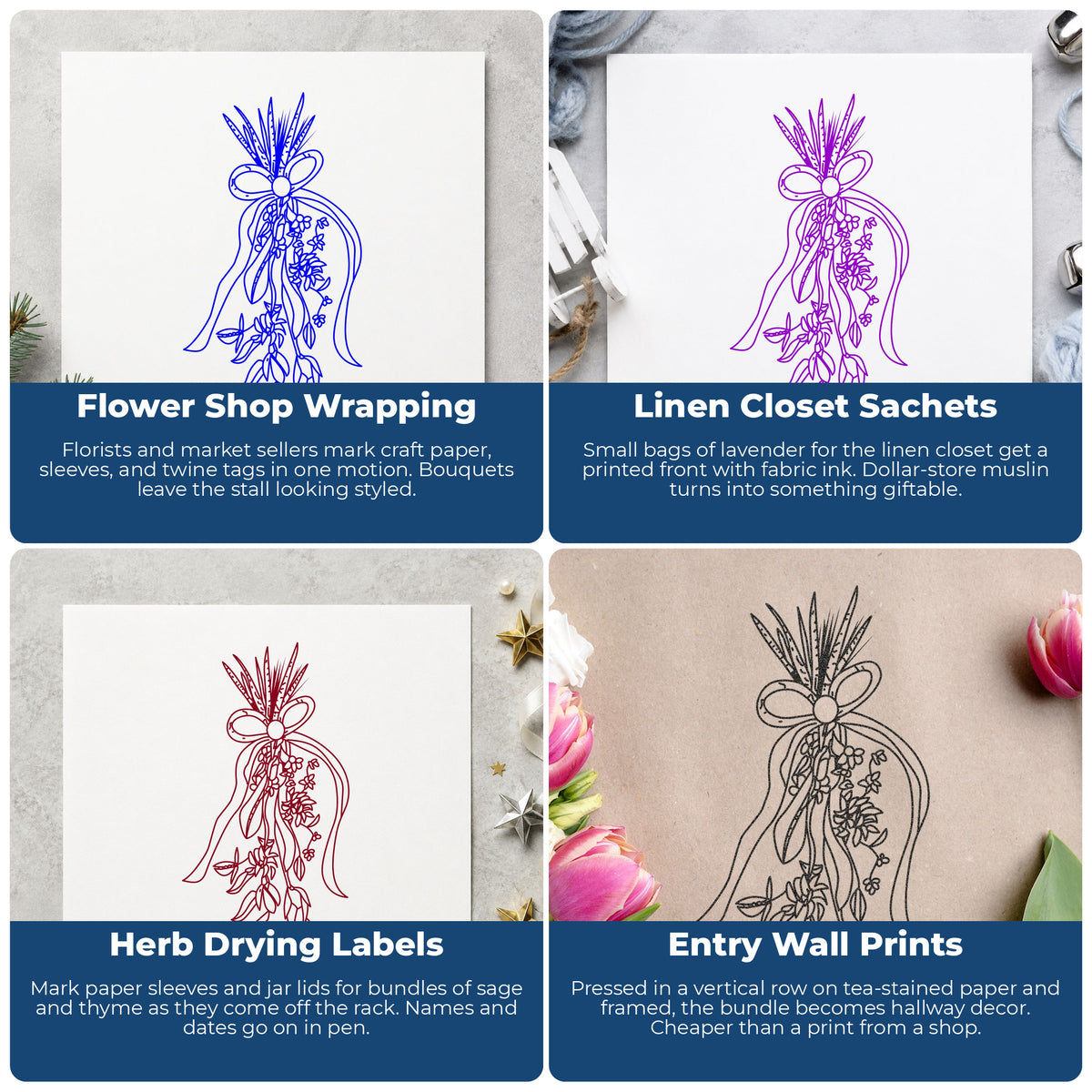 Hanging Flower Bundle with Ribbon Rubber Stamp project ideas: Flower Shop Wrapping, Linen Closet Sachets, Herb Drying Labels and Entry Wall Prints.