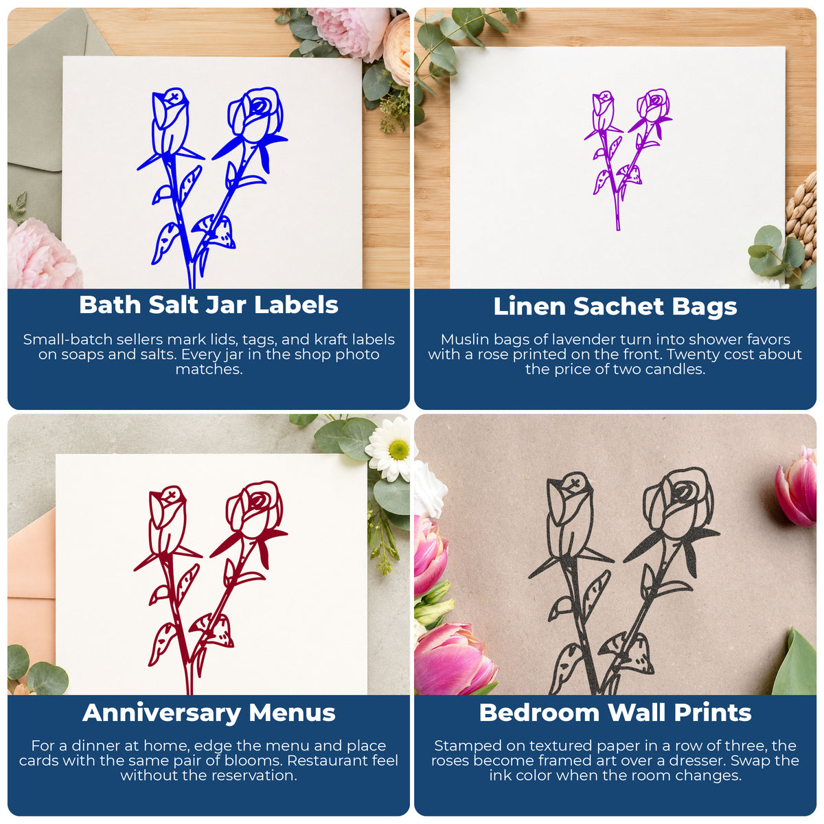 Two Roses Rubber Stamp project ideas: Bath Salt Jar Labels, Linen Sachet Bags, Anniversary Menus and Bedroom Wall Prints.