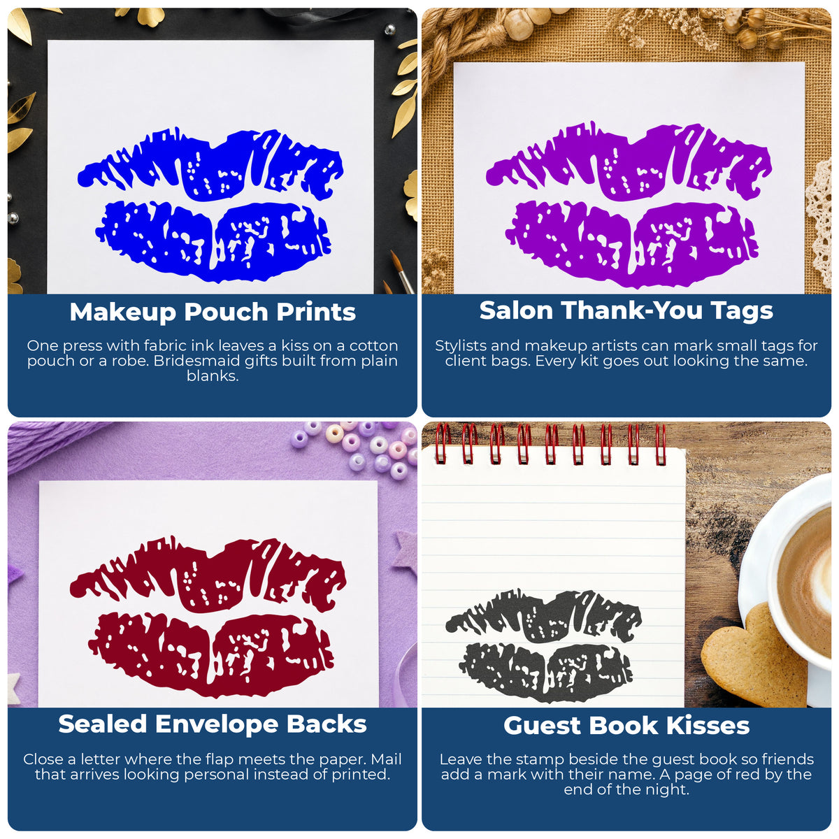 Lipstick Kiss Rubber Stamp project ideas: Makeup Pouch Prints, Salon Thank-You Tags, Sealed Envelope Backs and Guest Book Kisses.