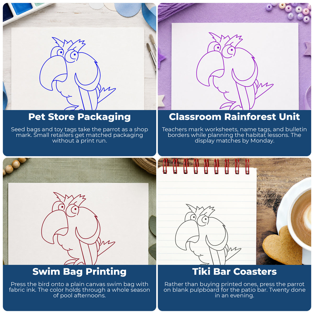 Cartoon Parrot Rubber Stamp project ideas: Pet Store Packaging, Classroom Rainforest Unit, Swim Bag Printing and Tiki Bar Coasters.