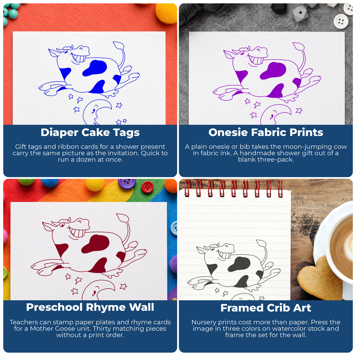 Cow Jumping Over the Moon Rubber Stamp project ideas: Diaper Cake Tags, Onesie Fabric Prints, Preschool Rhyme Wall and Framed Crib Art.