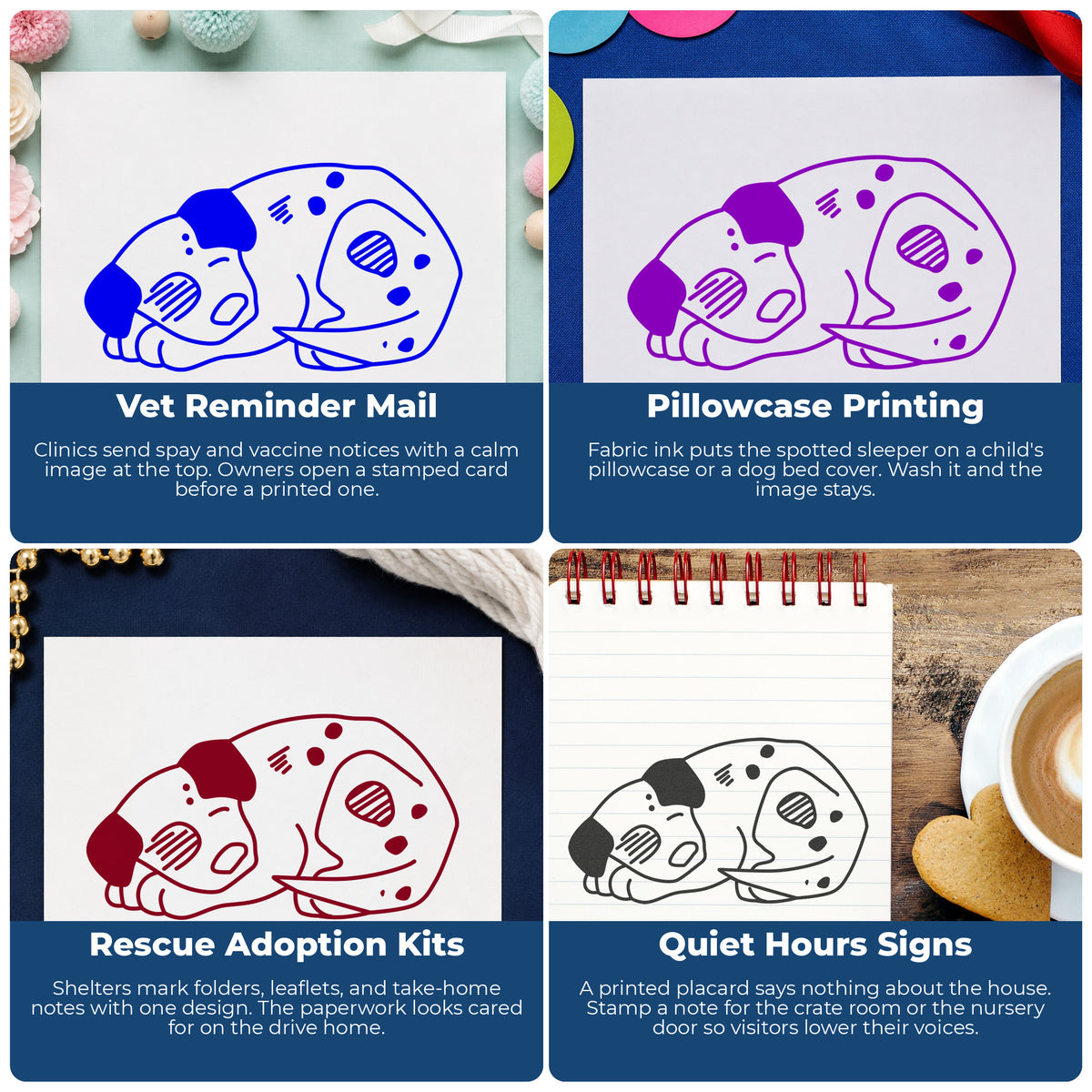 Sleeping Spotted Puppy Rubber Stamp project ideas: Vet Reminder Mail, Pillowcase Printing, Rescue Adoption Kits and Quiet Hours Signs.