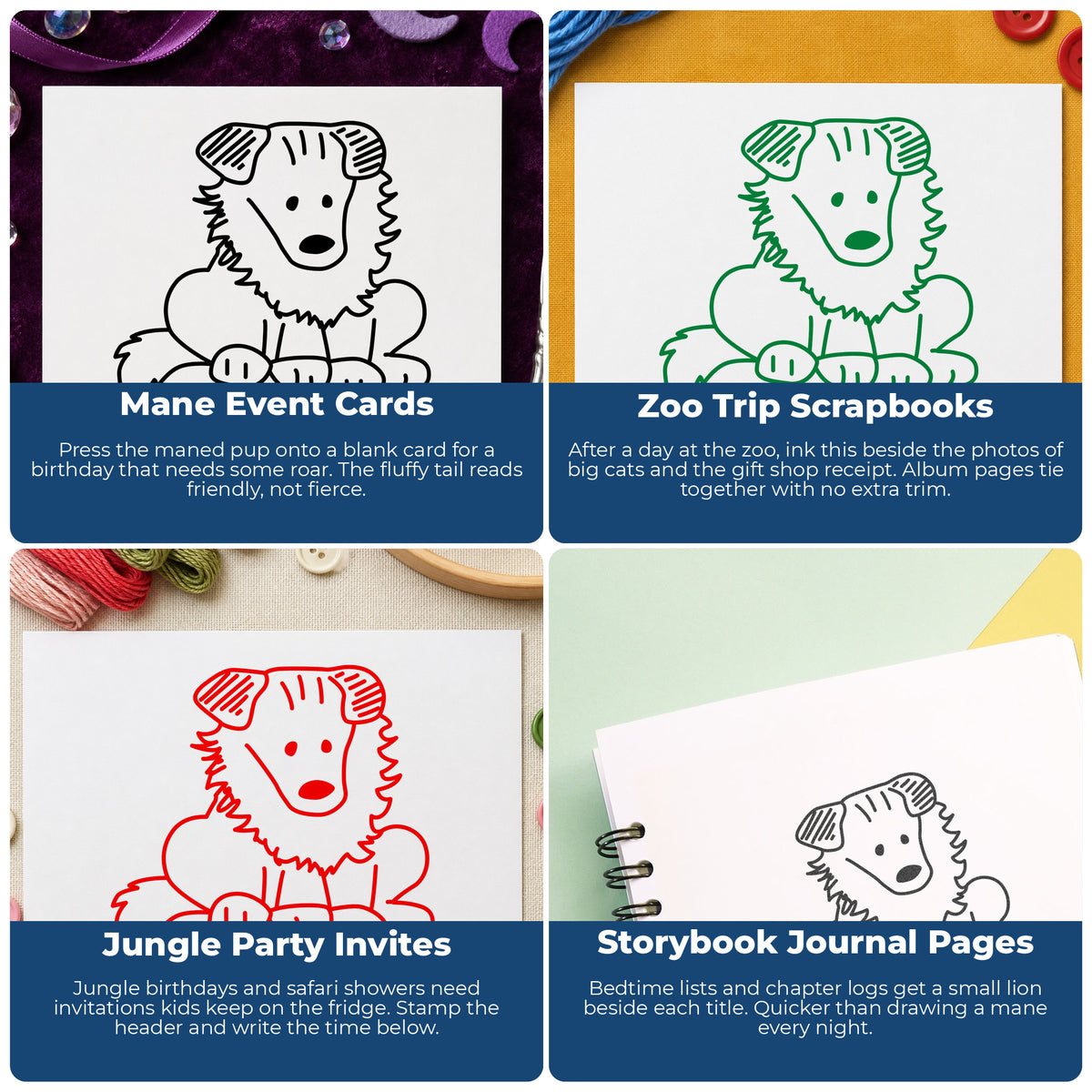 Lion Rubber Stamp project ideas: Mane Event Cards, Zoo Trip Scrapbooks, Jungle Party Invites and Storybook Journal Pages.