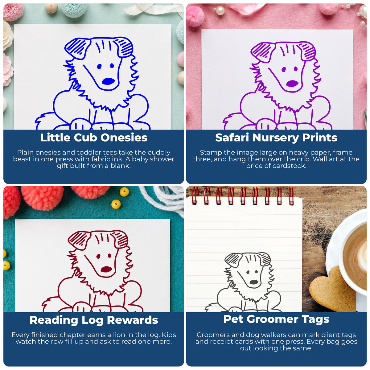Lion Rubber Stamp project ideas: Little Cub Onesies, Safari Nursery Prints, Reading Log Rewards and Pet Groomer Tags.