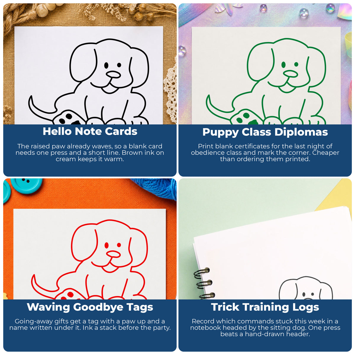 Sitting Puppy with Raised Paw Rubber Stamp project ideas: Hello Note Cards, Puppy Class Diplomas, Waving Goodbye Tags and Trick Training Logs.