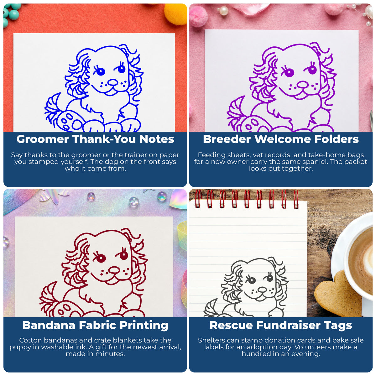 Cocker Spaniel Puppy Rubber Stamp project ideas: Groomer Thank-You Notes, Breeder Welcome Folders, Bandana Fabric Printing and Rescue Fundraiser Tags.