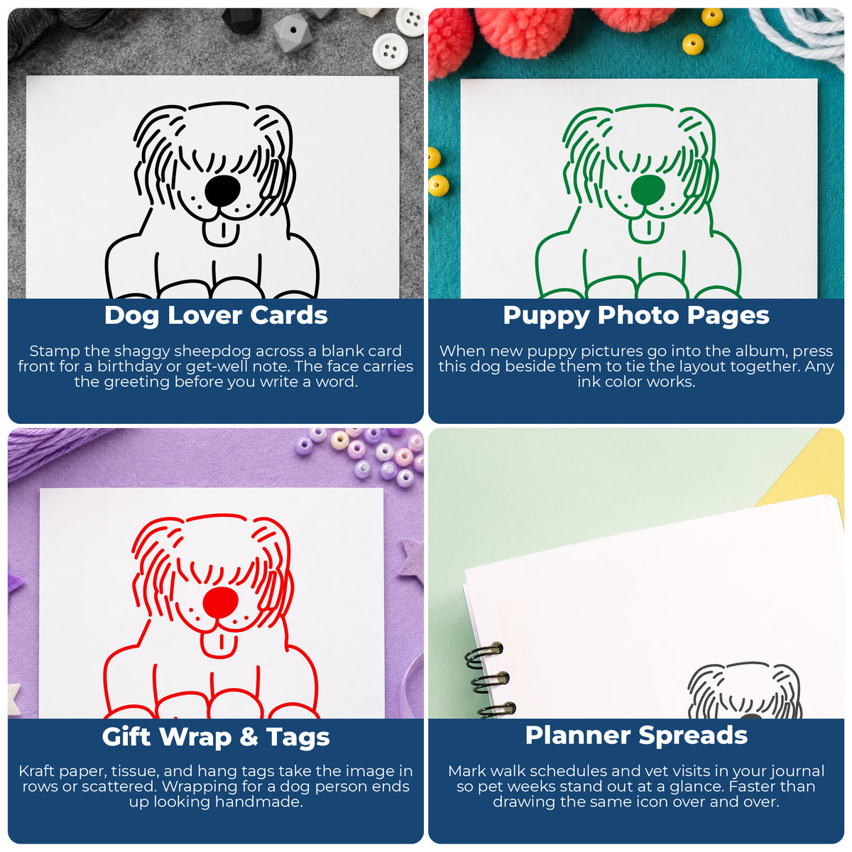 Sheepdog Rubber Stamp project ideas: Dog Lover Cards, Puppy Photo Pages, Gift Wrap & Tags and Planner Spreads.