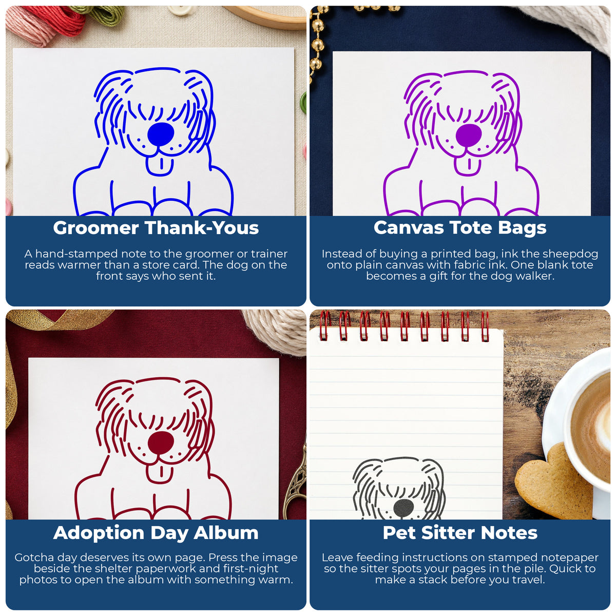Sheepdog Rubber Stamp project ideas: Groomer Thank-Yous, Canvas Tote Bags, Adoption Day Album and Pet Sitter Notes.