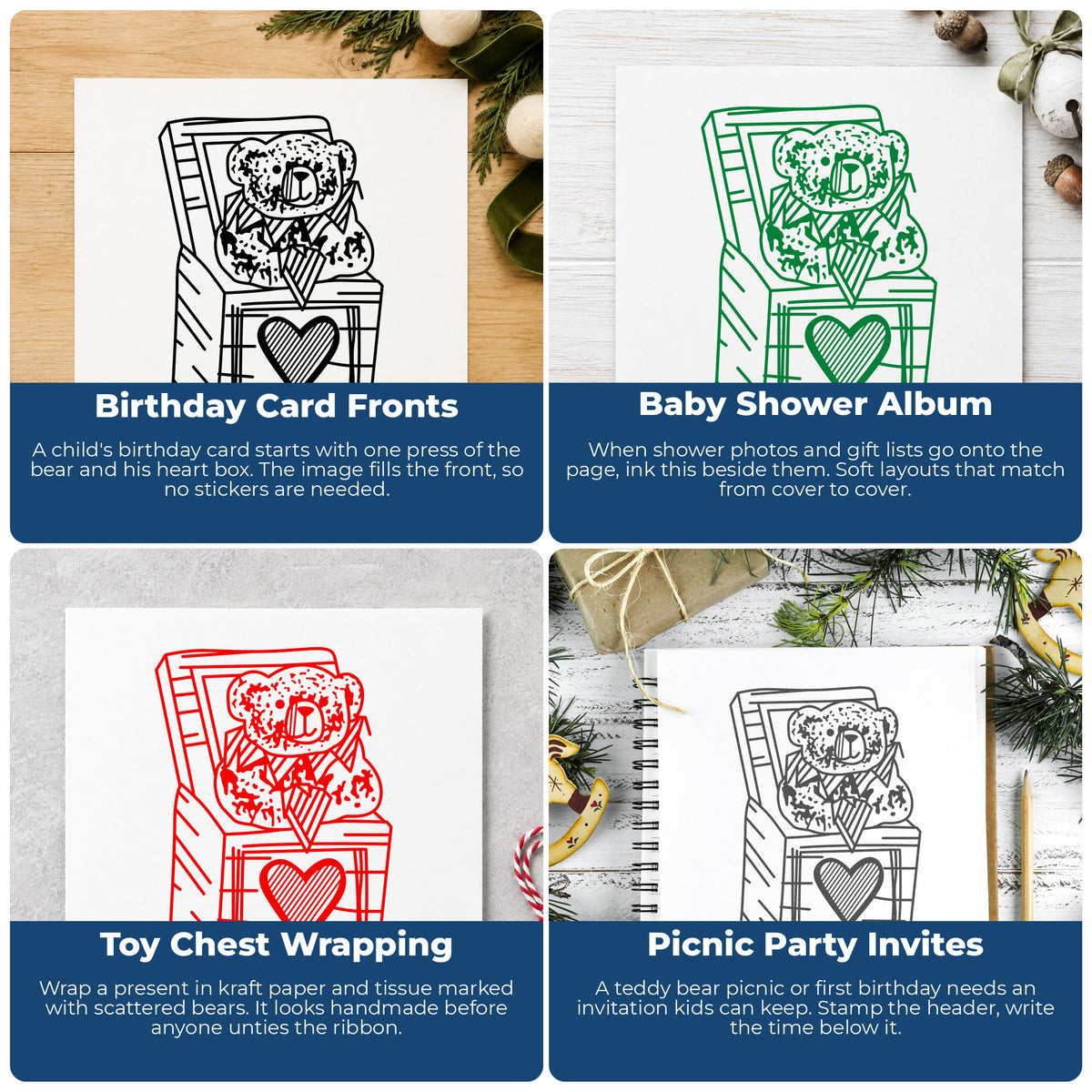 Bear in Heart Gift Box Rubber Stamp project ideas: Birthday Card Fronts, Baby Shower Album, Toy Chest Wrapping and Picnic Party Invites.