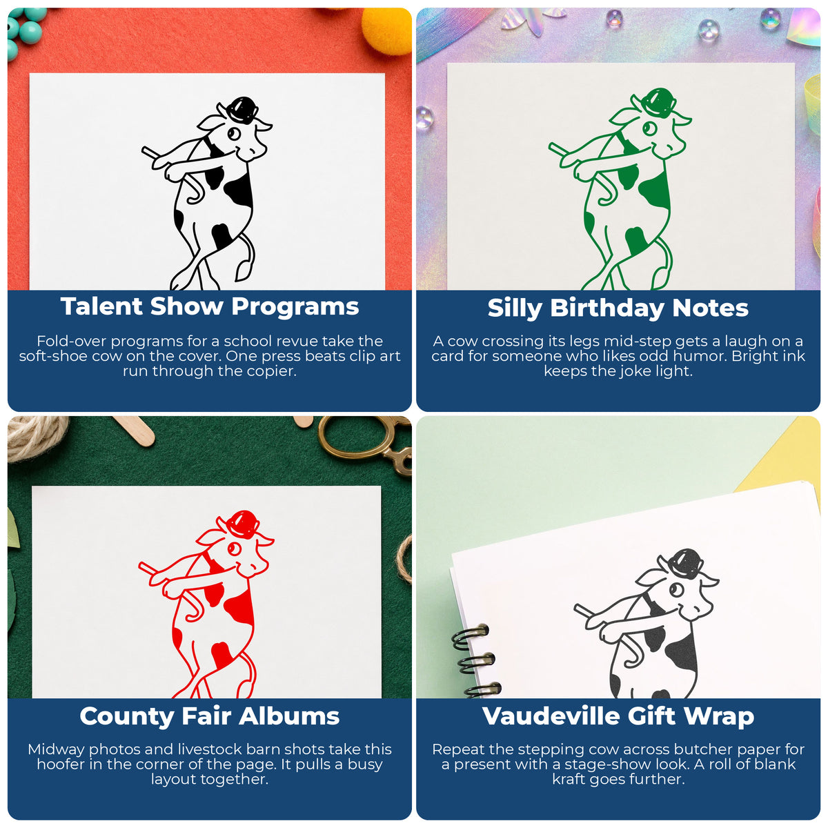 Cross-legged Dancing Cow Rubber Stamp project ideas: Talent Show Programs, Silly Birthday Notes, County Fair Albums and Vaudeville Gift Wrap.