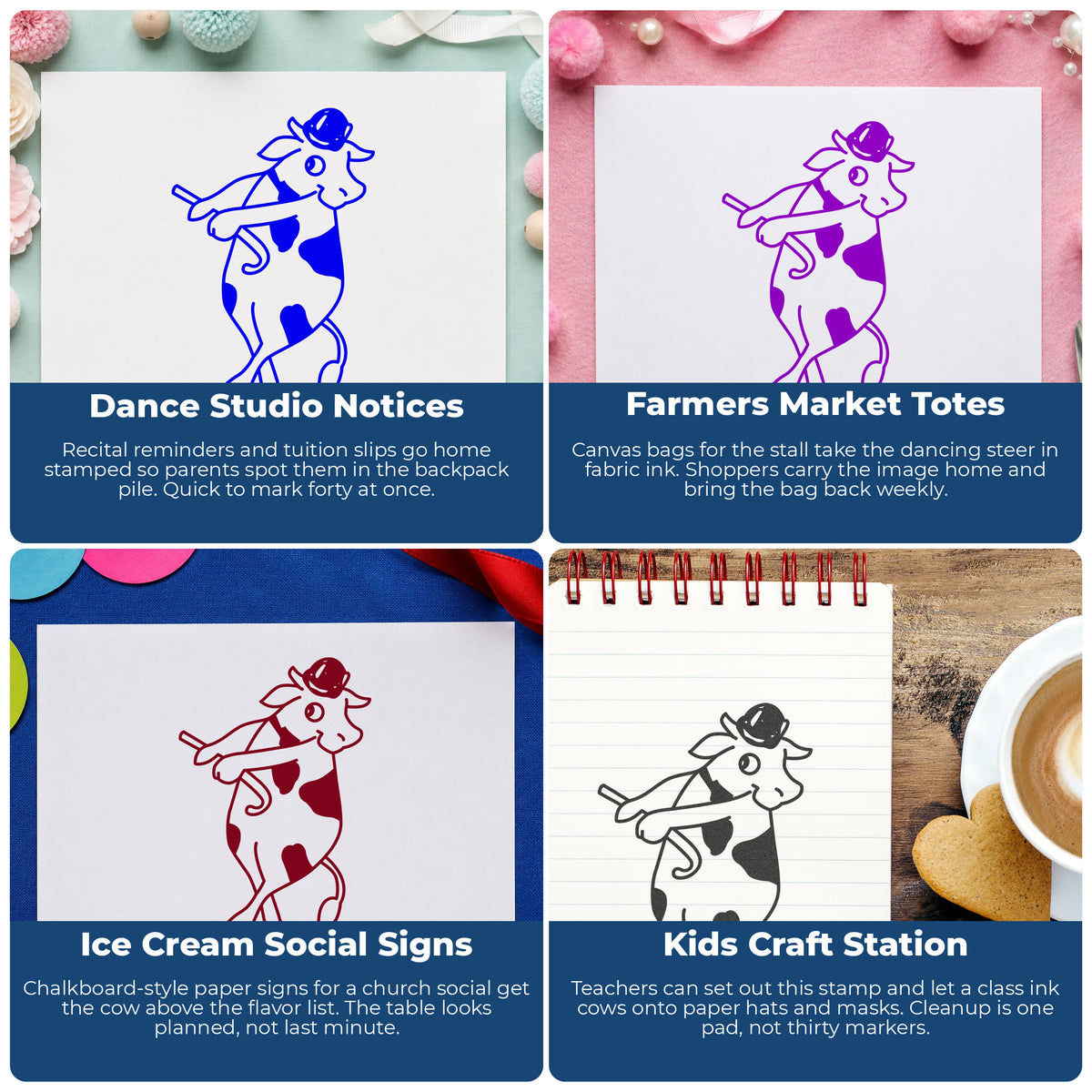 Cross-legged Dancing Cow Rubber Stamp project ideas: Dance Studio Notices, Farmers Market Totes, Ice Cream Social Signs and Kids Craft Station.