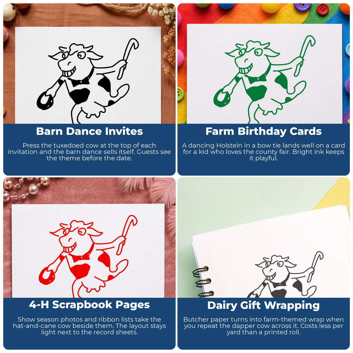 Dancing Cow with Bow Tie Rubber Stamp project ideas: Barn Dance Invites, Farm Birthday Cards, 4-H Scrapbook Pages and Dairy Gift Wrapping.