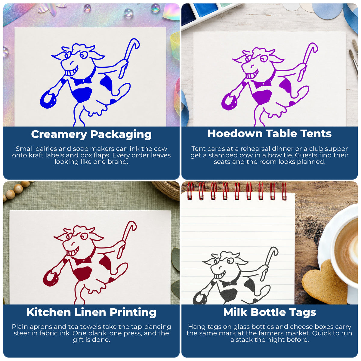 Dancing Cow with Bow Tie Rubber Stamp project ideas: Creamery Packaging, Hoedown Table Tents, Kitchen Linen Printing and Milk Bottle Tags.