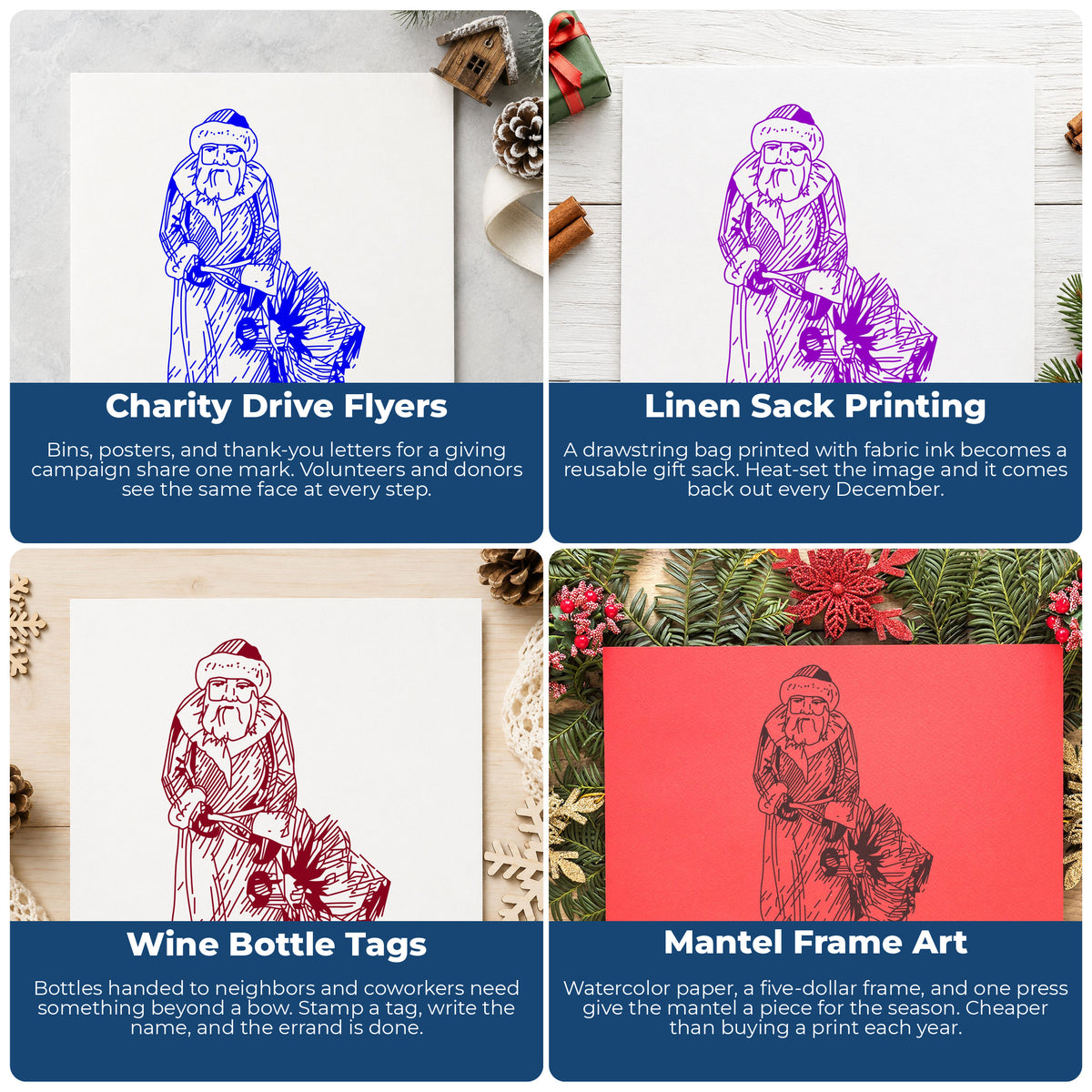 Father Christmas with Toy Sack Rubber Stamp project ideas: Charity Drive Flyers, Linen Sack Printing, Wine Bottle Tags and Mantel Frame Art.