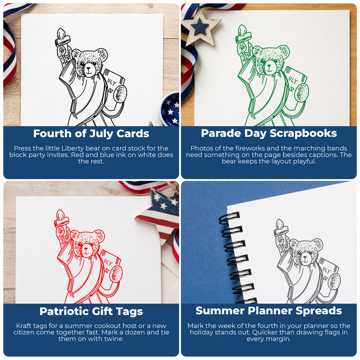 Statue of Liberty Bear Rubber Stamp project ideas: Fourth of July Cards, Parade Day Scrapbooks, Patriotic Gift Tags and Summer Planner Spreads.