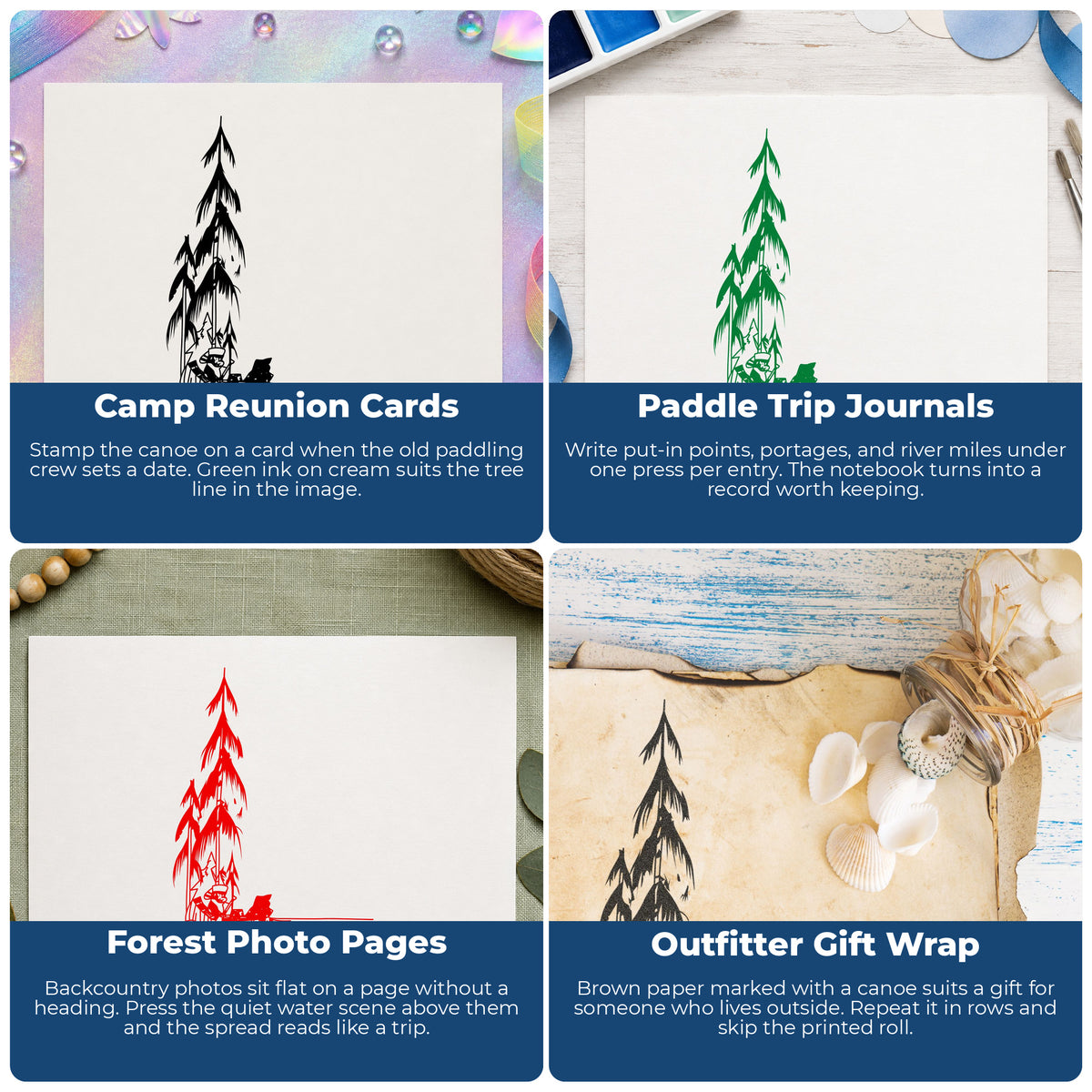 Canoe with Rower Rubber Stamp project ideas: Camp Reunion Cards, Paddle Trip Journals, Forest Photo Pages and Outfitter Gift Wrap.