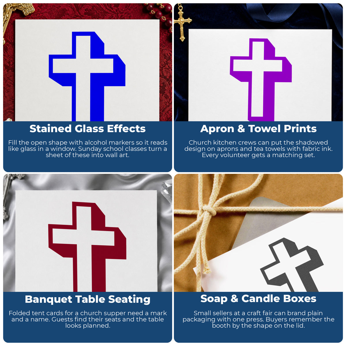 Outline Christian Cross Rubber Stamp project ideas: Stained Glass Effects, Apron & Towel Prints, Banquet Table Seating and Soap & Candle Boxes.