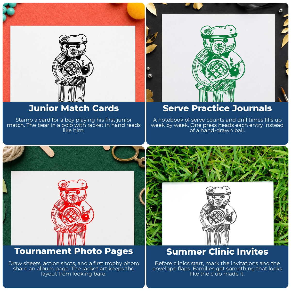 Boy Tennis Bear Rubber Stamp project ideas: Junior Match Cards, Serve Practice Journals, Tournament Photo Pages and Summer Clinic Invites.