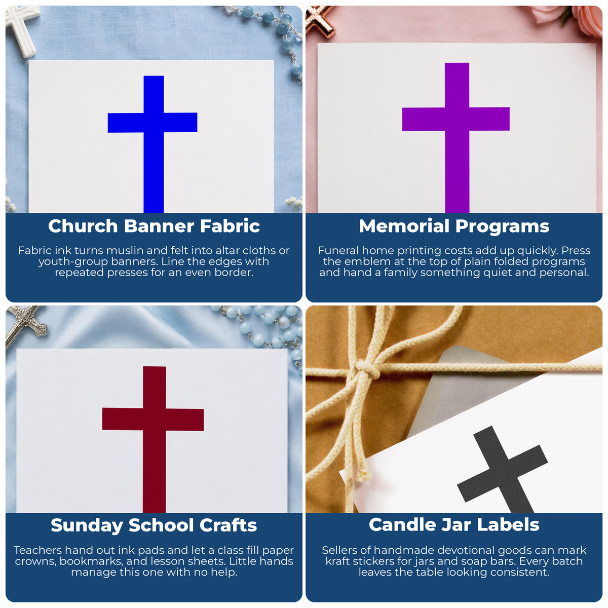 Solid Christian Cross Rubber Stamp project ideas: Church Banner Fabric, Memorial Programs, Sunday School Crafts and Candle Jar Labels.
