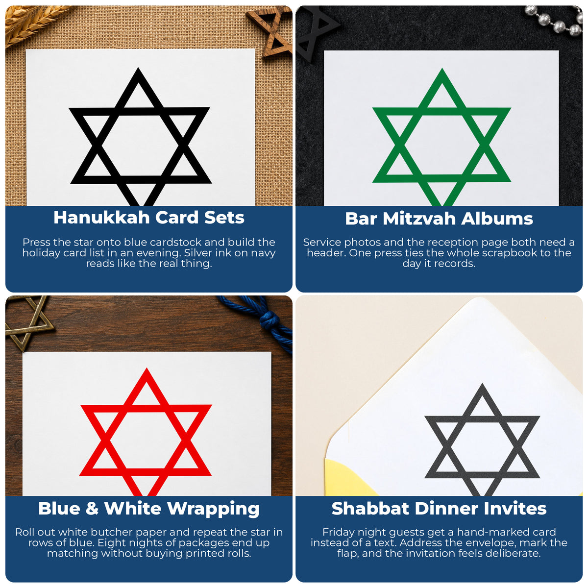 Star of David Rubber Stamp project ideas: Hanukkah Card Sets, Bar Mitzvah Albums, Blue & White Wrapping and Shabbat Dinner Invites.