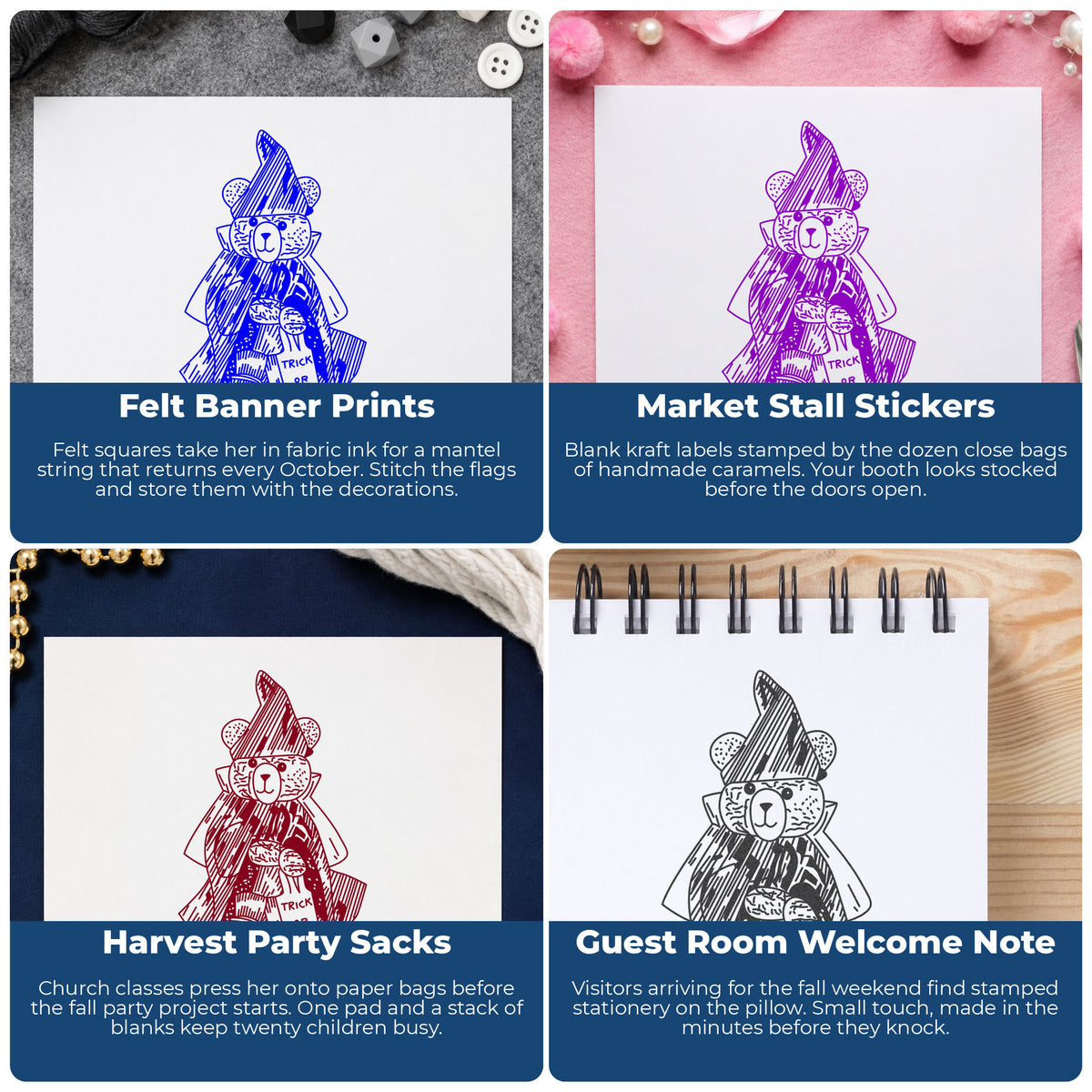 Witch Bear with Treat Bag Rubber Stamp project ideas: Felt Banner Prints, Market Stall Stickers, Harvest Party Sacks and Guest Room Welcome Note.