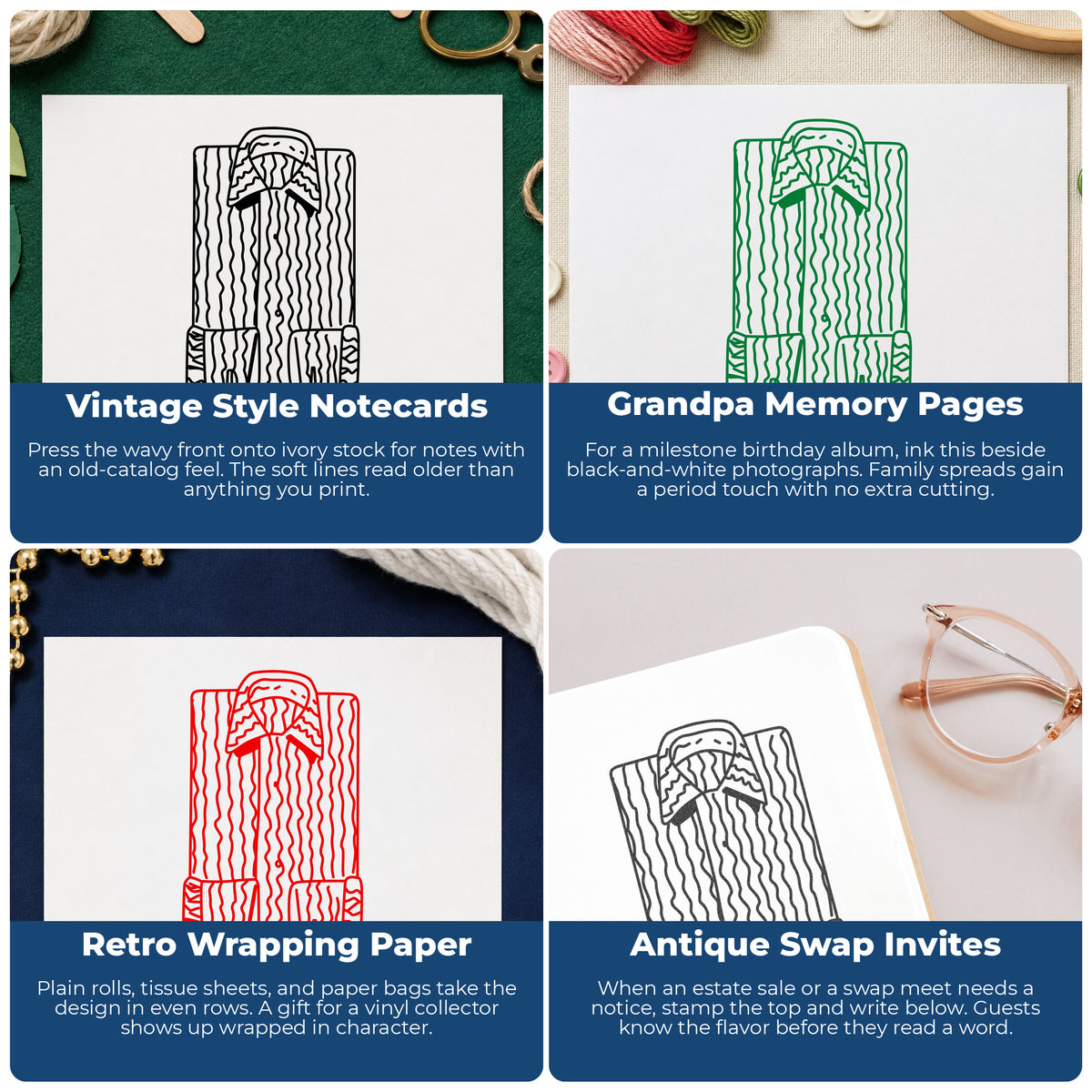 Wavy Line Shirt Front Rubber Stamp project ideas: Vintage Style Notecards, Grandpa Memory Pages, Retro Wrapping Paper and Antique Swap Invites.