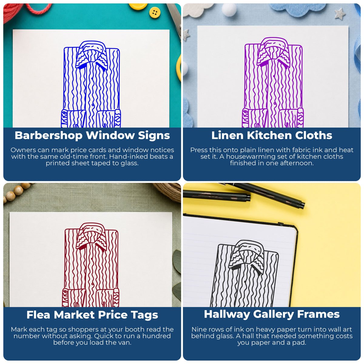 Wavy Line Shirt Front Rubber Stamp project ideas: Barbershop Window Signs, Linen Kitchen Cloths, Flea Market Price Tags and Hallway Gallery Frames.
