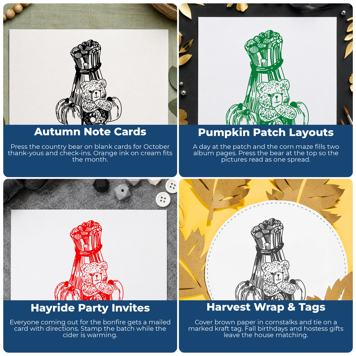 Bear with Cornstalks and Pumpkins Rubber Stamp project ideas: Autumn Note Cards, Pumpkin Patch Layouts, Hayride Party Invites and Harvest Wrap & Tags.