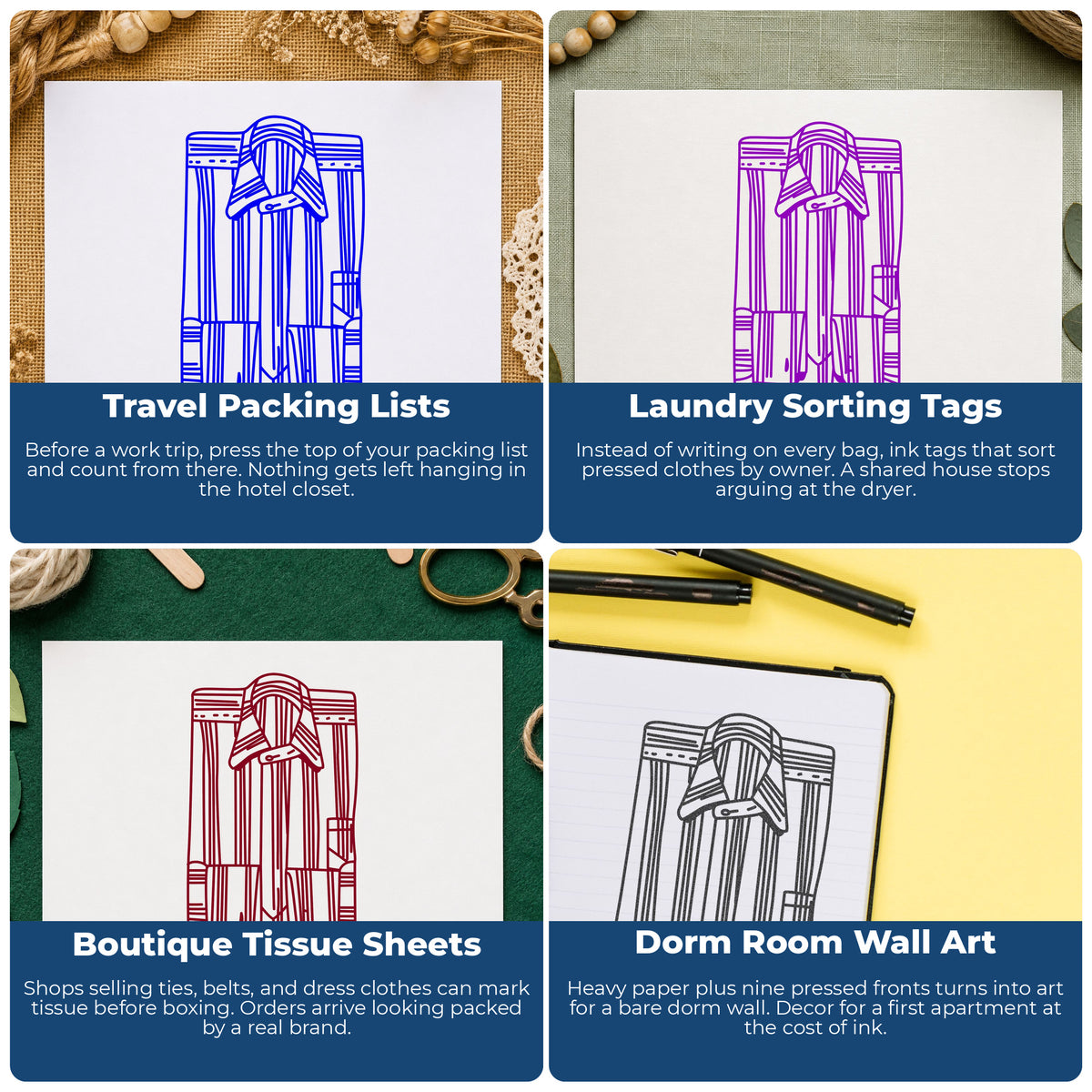 Open Striped Shirt Front Rubber Stamp project ideas: Travel Packing Lists, Laundry Sorting Tags, Boutique Tissue Sheets and Dorm Room Wall Art.