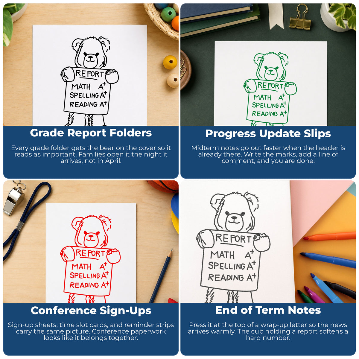 Bear Holding Report Card Rubber Stamp project ideas: Grade Report Folders, Progress Update Slips, Conference Sign-Ups and End of Term Notes.