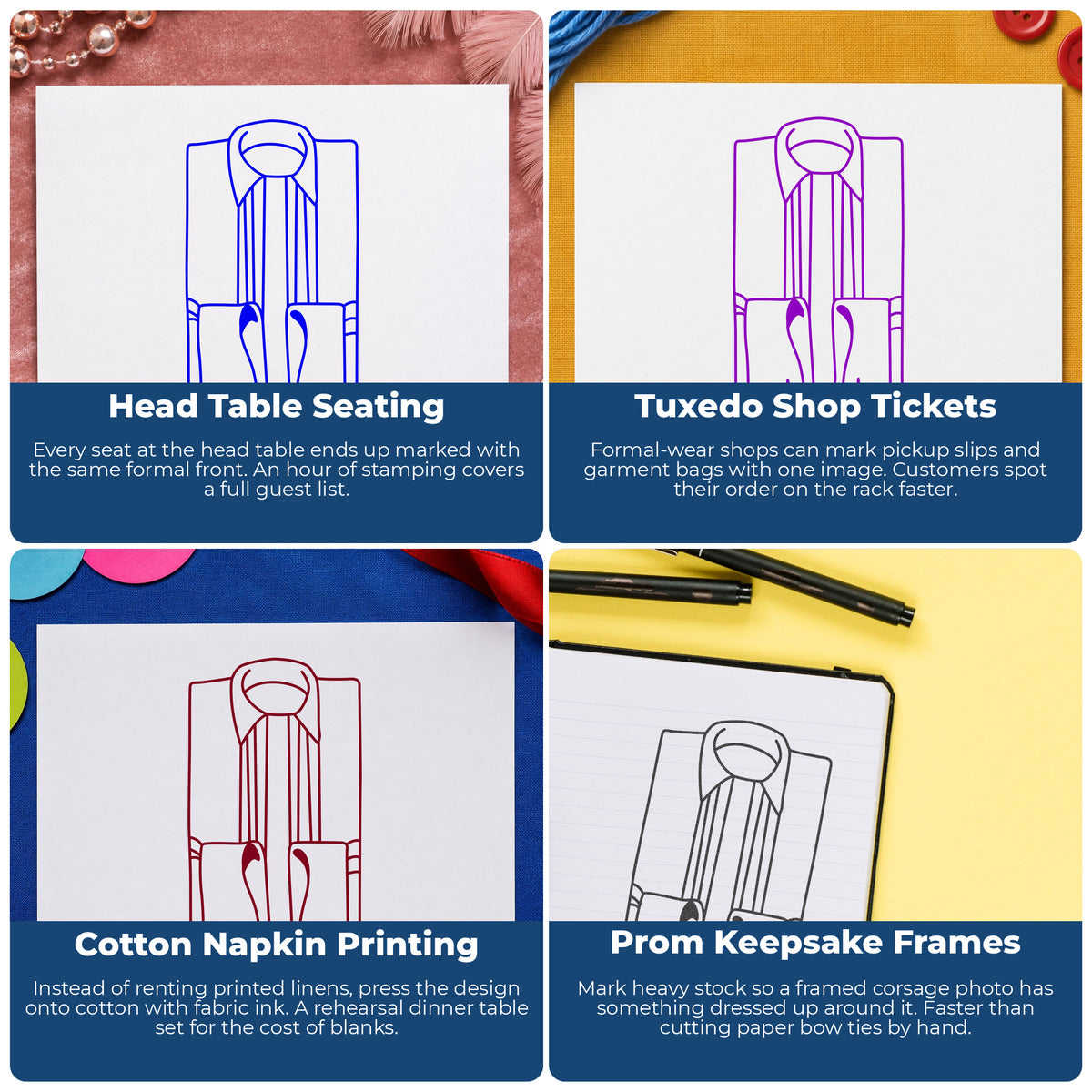 Formal Dress Shirt Front Rubber Stamp project ideas: Head Table Seating, Tuxedo Shop Tickets, Cotton Napkin Printing and Prom Keepsake Frames.