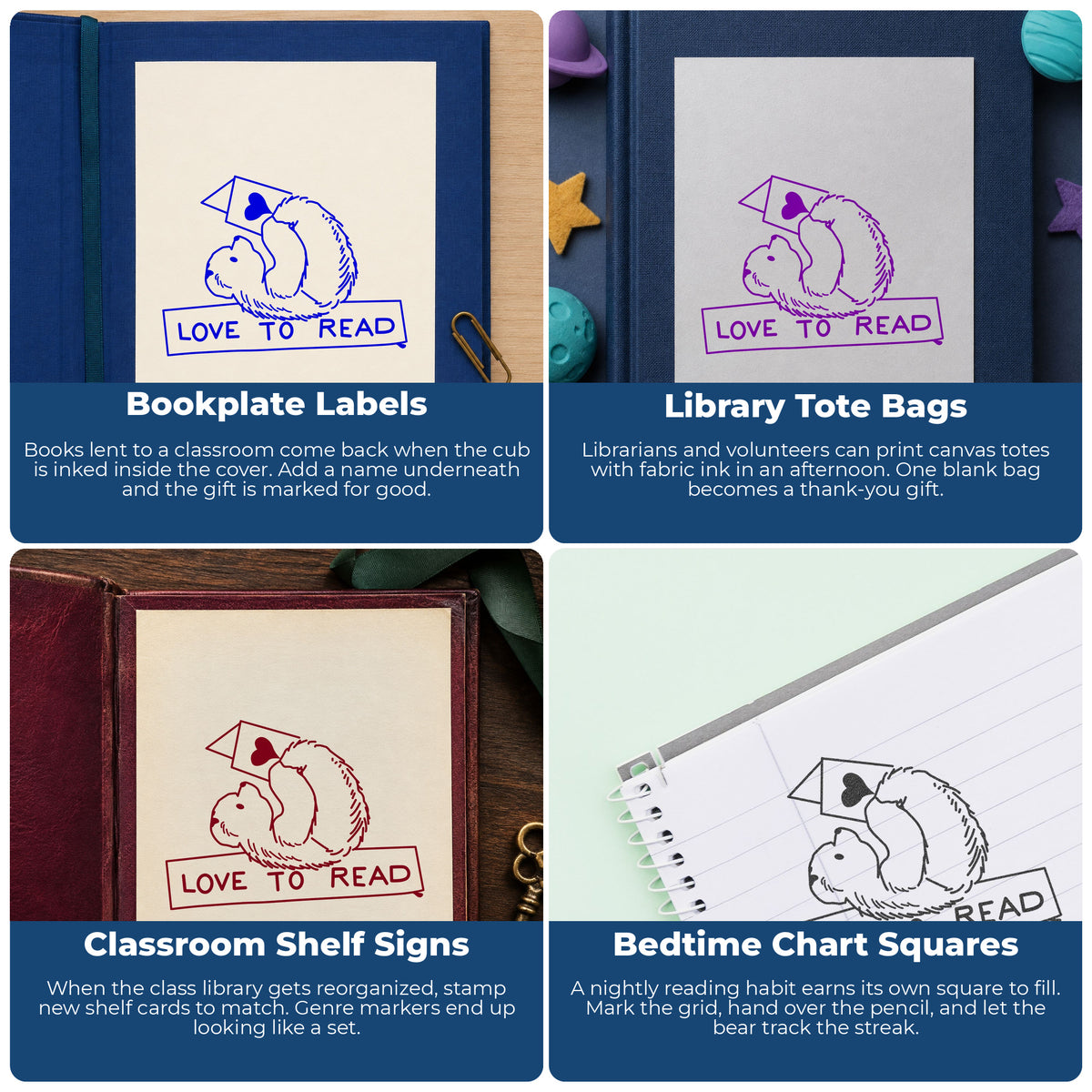 Love to Read Bear Rubber Stamp project ideas: Bookplate Labels, Library Tote Bags, Classroom Shelf Signs and Bedtime Chart Squares.