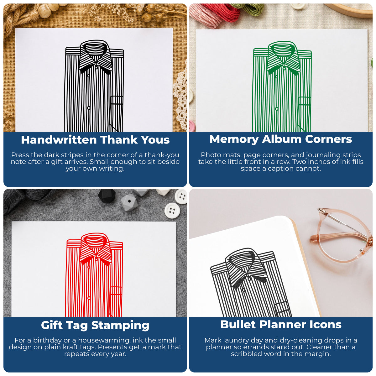 Dark Stripe Shirt Front Rubber Stamp project ideas: Handwritten Thank Yous, Memory Album Corners, Gift Tag Stamping and Bullet Planner Icons.