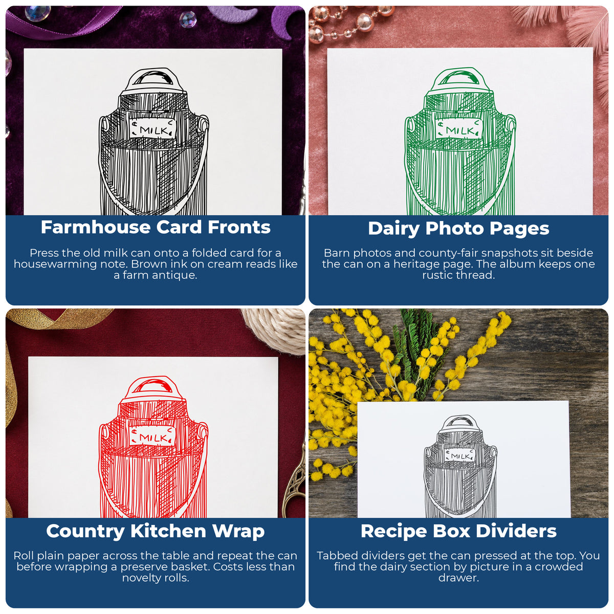 Single Milk Can Rubber Stamp project ideas: Farmhouse Card Fronts, Dairy Photo Pages, Country Kitchen Wrap and Recipe Box Dividers.