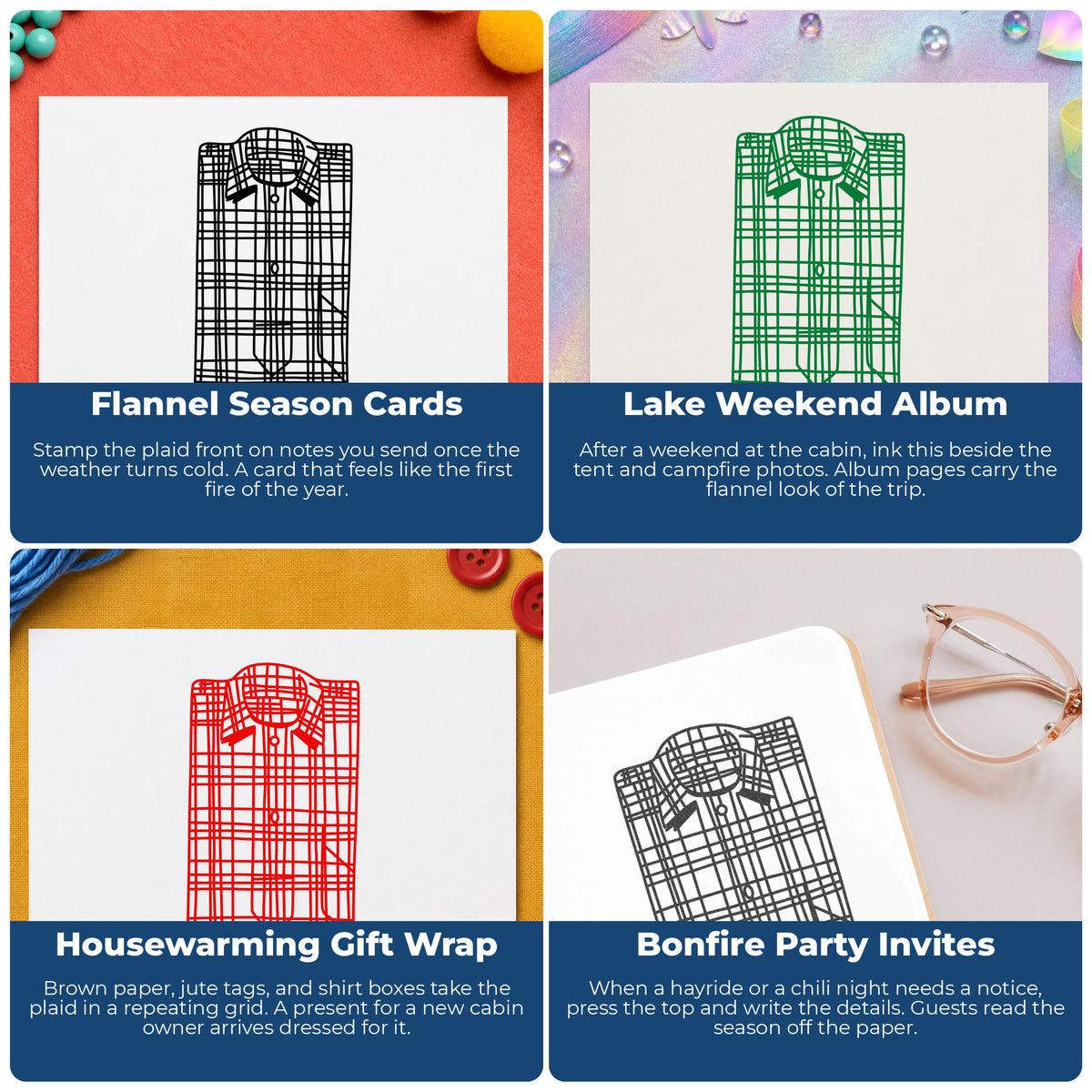 Plaid Shirt Front Rubber Stamp project ideas: Flannel Season Cards, Lake Weekend Album, Housewarming Gift Wrap and Bonfire Party Invites.