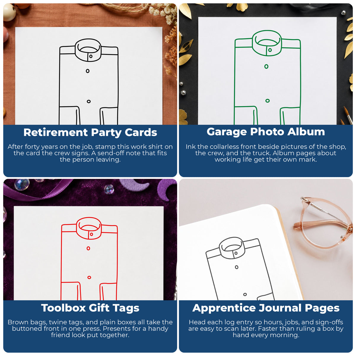 Solid Collarless Shirt Front Rubber Stamp project ideas: Retirement Party Cards, Garage Photo Album, Toolbox Gift Tags and Apprentice Journal Pages.