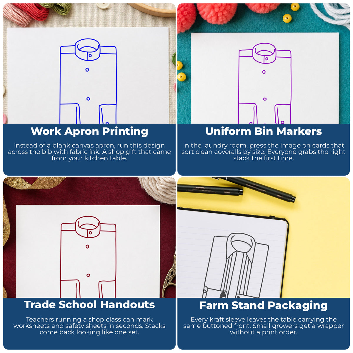 Solid Collarless Shirt Front Rubber Stamp project ideas: Work Apron Printing, Uniform Bin Markers, Trade School Handouts and Farm Stand Packaging.