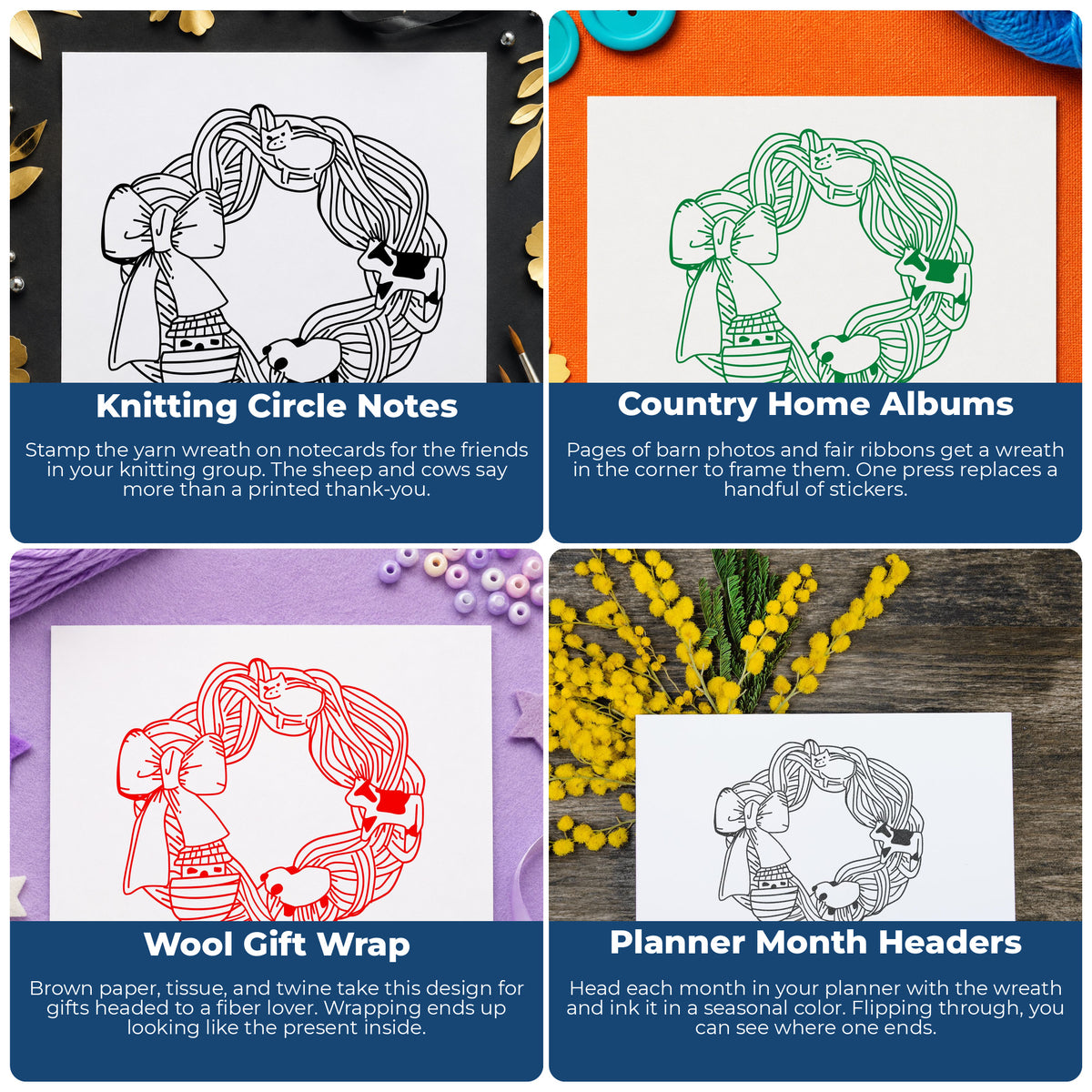 Yarn Wreath with Farm Animals Rubber Stamp project ideas: Knitting Circle Notes, Country Home Albums, Wool Gift Wrap and Planner Month Headers.