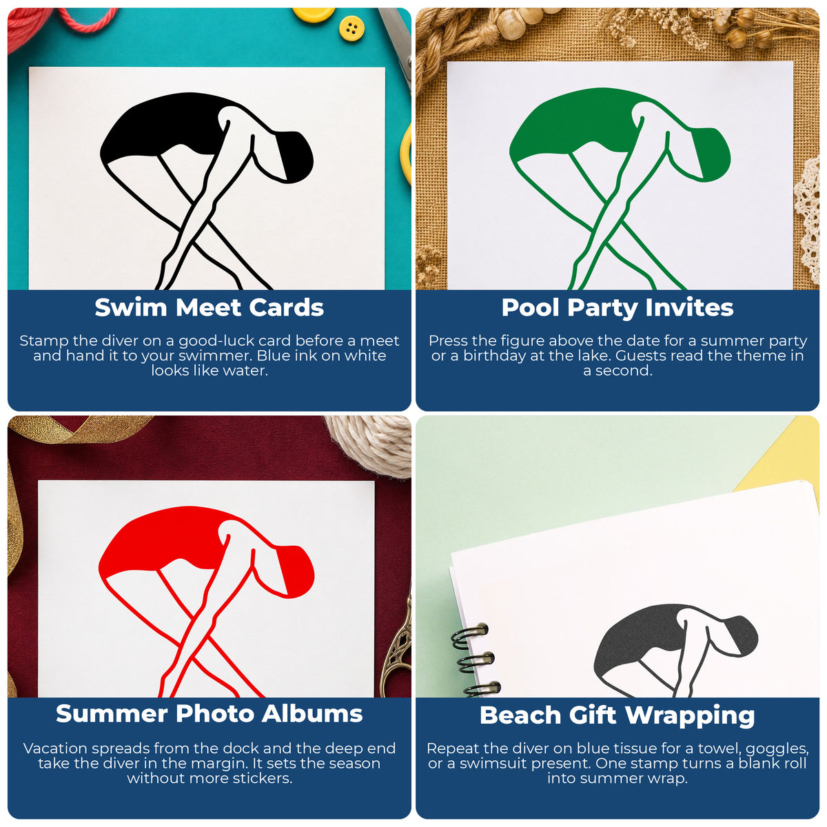 Female Diver Rubber Stamp project ideas: Swim Meet Cards, Pool Party Invites, Summer Photo Albums and Beach Gift Wrapping.